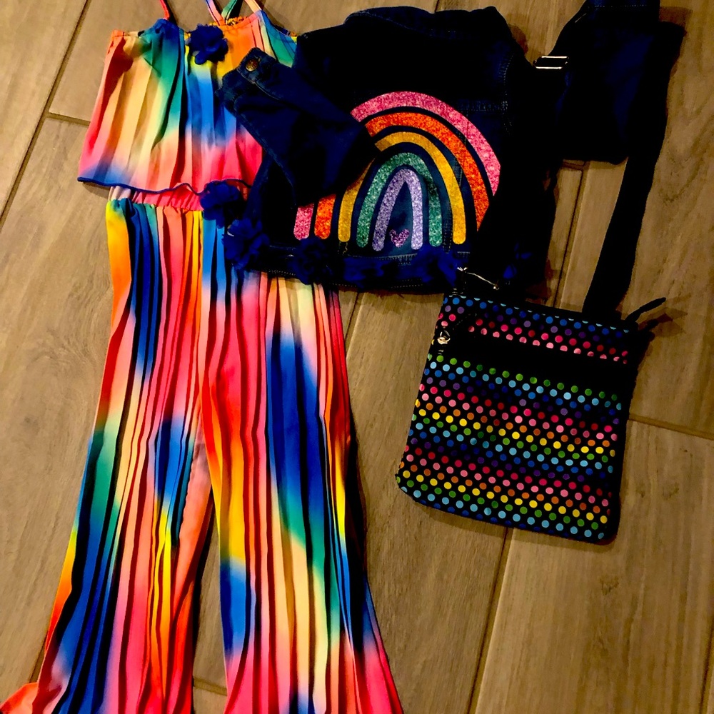 Colorful Rainbow top and pants set. Includes matching denim jacket and purse.